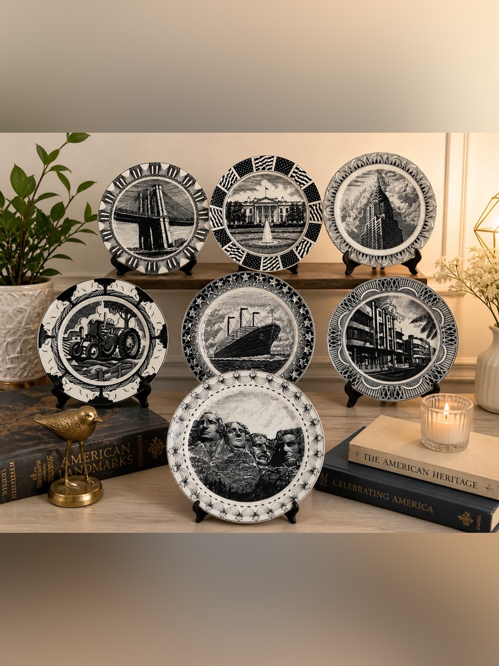 222 Fifth Slice of life Set of 7 Decorative Black & White Landmark Plates